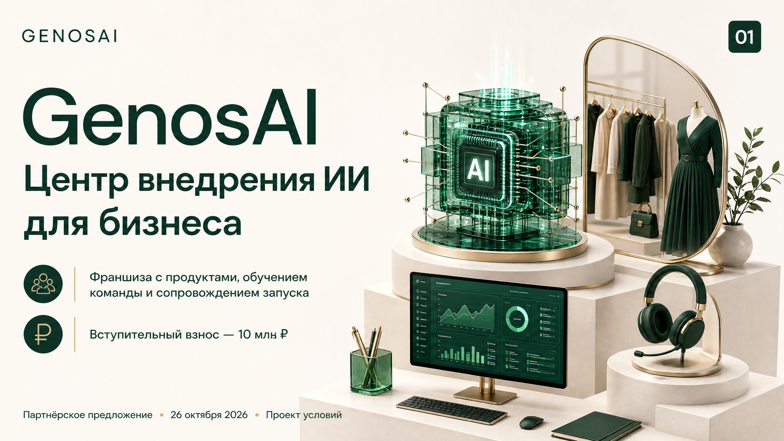 Обложка презентации GenosAI: зелёные 3D-продукты на молочном фоне с золотыми деталями