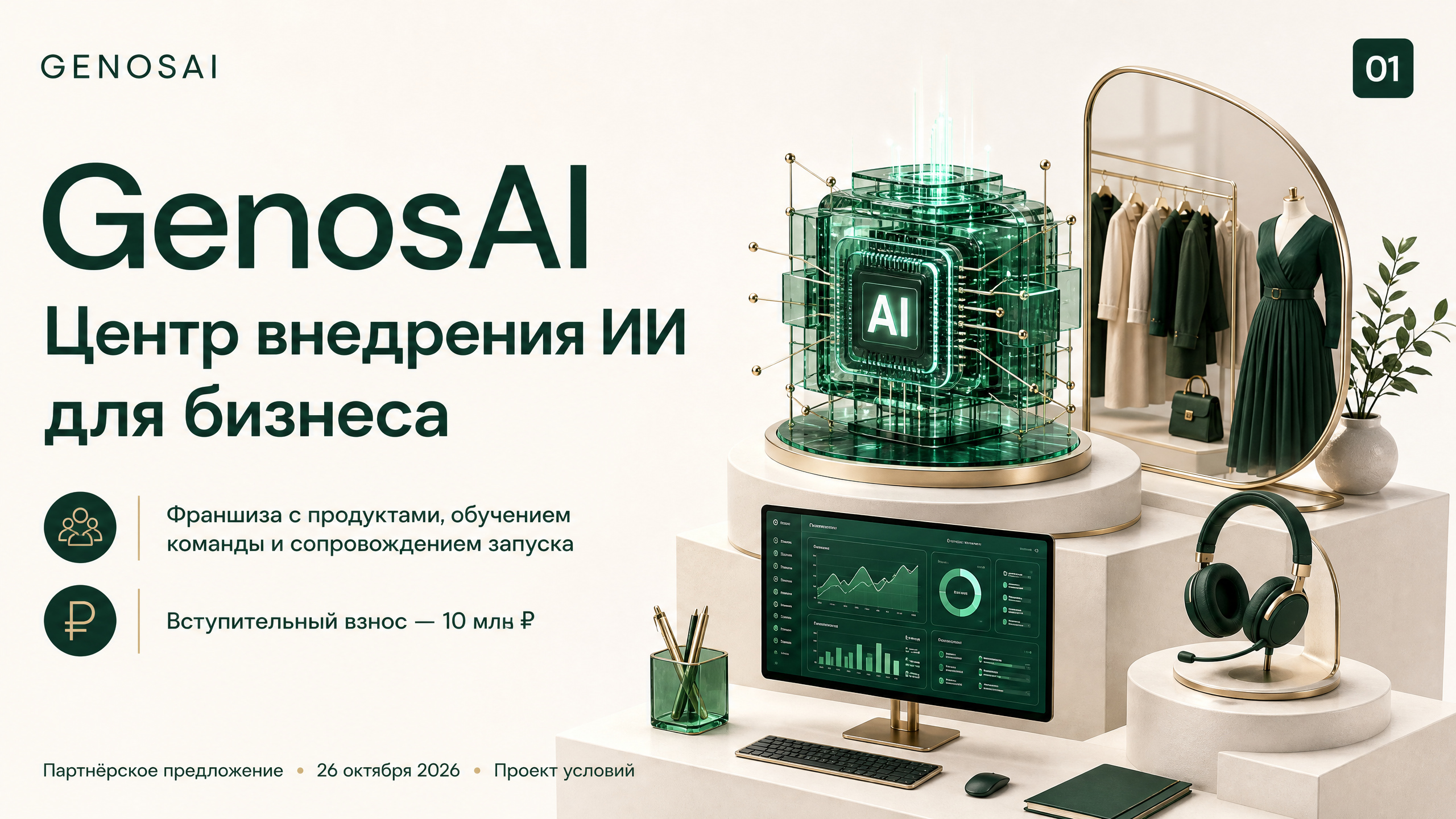 Слайд 1. GenosAI — центр внедрения ИИ для бизнеса